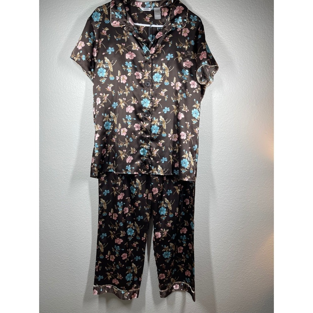 Adonna Womens Pajama Set Brown Floral Short Sleeve Button Down Pants L G